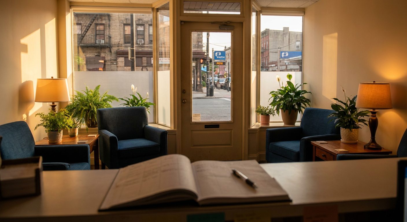 Welcoming evening-lit counseling office reception area in Jersey City with comfortable seating and open door showing urban neighborhood outside